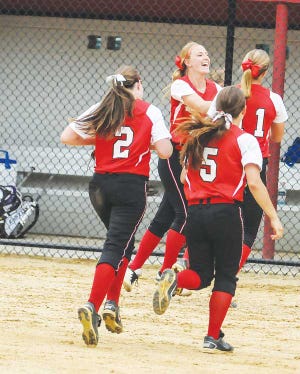 The High Point softball team celebrates after beating Lyndhurst, 10-0, in Wednesday's Group 2 semifinal at Bloomfield's Clarks Pond South field.