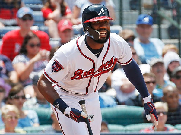 Atlanta’s Jason Heyward reacts after hitting a ground ball during Wednesday’s 2-0 loss to Seattle. (John Bazemore | Associated Press)