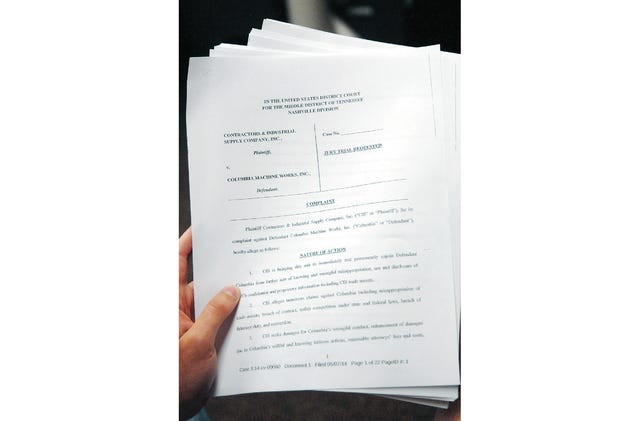 Pictured above is a complaint filed by Nashville-based Contractors and Industrial Supply Company Inc. alleging Columbia Machine Works misused trade secrets. CMW filed an answer to the complaint denying those allegations. (Staff photo by Susan W. Thurman)