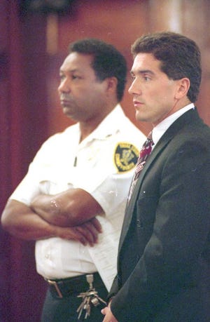 In this August 1996 photo, Fall River attorney Edward K. Boyer is arraigned on bribery and witness intimidation charges in New Bedford Superior Court.