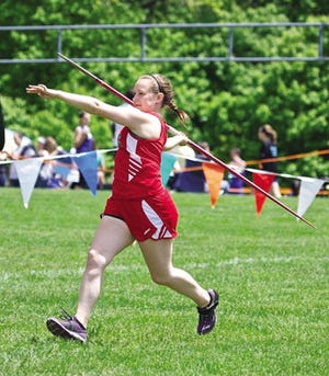 Michaela DeWitt of Wells placed fourth in the javelin at the WMC meet on Saturday.
