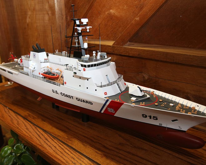 A model of a Coast Guard offshore patrol cutter is displayed at Eastern Shipbuilding’s Nelson Street shipyard in Panama City in February when the $10.5 billion project was announced.