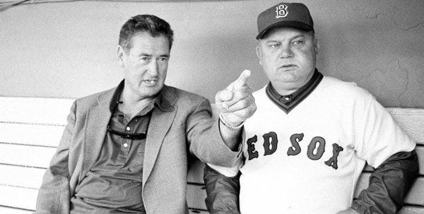 Ted Williams with Red Sox manager Don Zimmer in 1978. Zimmer, a popular fixture in professional baseball for 66 years as a manager, player, coach and executive, died earlier this week. He was 83.
