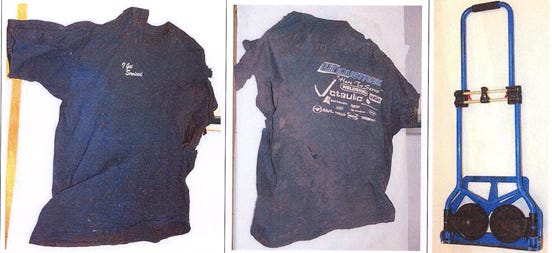 Police are asking for information from anyone that might recognize a blue T-shirt, left and middle -- with the business name "Cranston Windustrial" on the back, and the tagline "I got serviced" on the front that was found with the body, along with a dolly, at right.