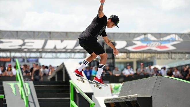 Nyjah Huston competes in Skateboard Street Men’s Elimination Friday during X Games Austin. (Photo by Phil Ellsworth/ESPN Images)