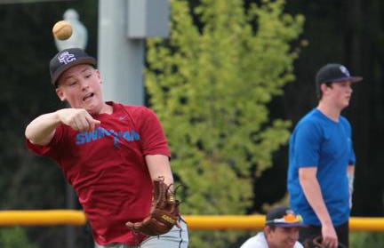 Cramer Junior Legion baseball player Alec Cogdill throws to first base during a practice on June 3.
