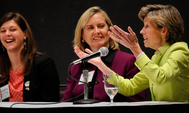 Georgina Campbell Flatter, left, director of MIT's Regional Entrepreneurship Acceleration Program; Vicary Graham, president of BNY Mellon Wealth Management in New England; and Anne Margulies, Harvard University's chief information officer, speak at the Worcester Women's Leadership Conference at the DCU Center.