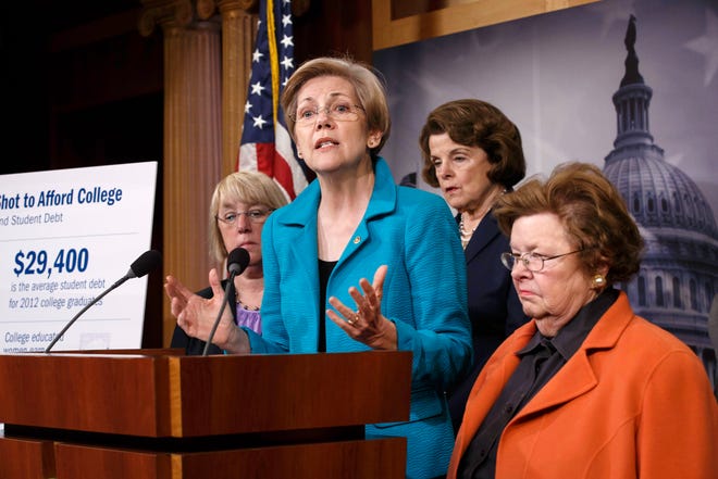 Sen. Elizabeth Warren, D-Mass., center, is joined by other women of the Senate, at a news conference on her bill, which would allow people with outstanding student loan debt to refinance at lower interest rates. From left are, Sen. Patty Murray, D-Wash., Warren, Sen. Dianne Feinstein, D-Calif., and Sen. Barbara A. Mikulski, D-Md.THE ASSOCIATED PRESS