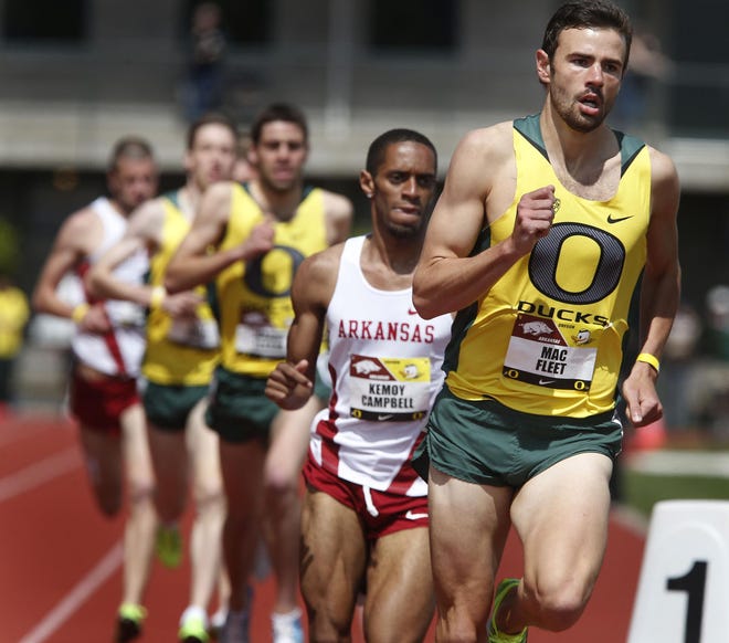 Oregon’s Mac Fleet won the 1,500 meters during the dual meet against Arkansas this year and will try to repeat as NCAA champion in the event this week. (Brian Davies/The Register-Guard)