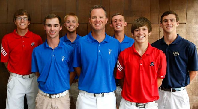 2014 All-City boys golf team, back row from left: Mason Wages, Seaman; Lukas McCalla, Washburn Rural; Andrew Beckler, Washburn Rural and Steven Amrein, Hayden. Front row, from left: Patric Ball, Washburn Rural; coach Jared Goehring, Washburn Rural and Colton Christenson, Seaman.