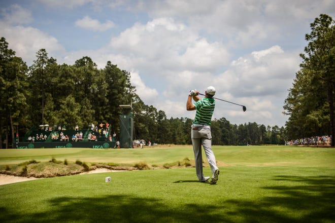Jordan Speith tees off of the second hole of Pinehurst No. 2 during the U.S. Open practice round Monday morning, June 9, 2014.