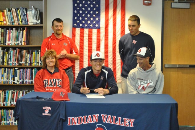 Indian Valley's Shawn Mills signed his Letter of Intent to play baseball at Malone University next season. Pictured here are: Front – Belinda Mills (mother), Shawn Mills and Tim Mills (father). Back – Jamie Burcher, assistant baseball coach and Shannon McComb, head baseball coach.