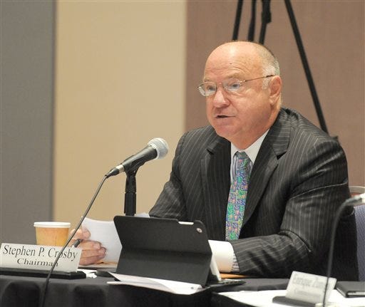 Steven Crosby, chairman of the Massachusetts Gaming Commission, speaks during a meeting on Tuesday, June 10, 2014, at the MassMutual Center in Springfield, Mass. The commission is hosting a series of meetings leading up to a Friday vote on whether to award MGM Resorts International a license for its proposed $800 million casino in downtown Springfield.