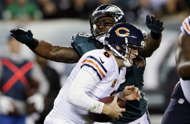 Trent Cole puts pressure on Chicago Bears quarterback Jay Cutler during a game last season. Cole had all eight of his sacks in the final eight games of the year.