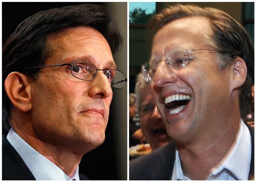 In this combination of Associated Press photos, House Majority Leader Eric Cantor, R-Va., left, and Dave Brat, right, react after the polls closed Tuesday in Richmond, Va. Brat defeated Cantor in the Republican primary.