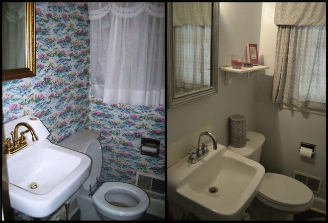 A drastic before and after is the result of new paint, hardware and decor in this half bathroom.