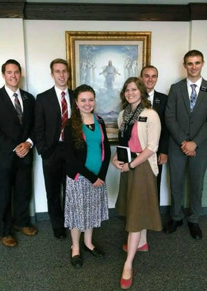 The Athens First Ward of the Church of Jesus Christ of Latter-day Saints currently has three sets of full-time missionaries serving in the Athens area.  Missionaries are (back row, left to right) Elder Logan Jex, Elder John Calkins, Elder Elias Robison, Elder Carlo Sacco, and (front row, left to right) Sister Jenna Nelson and Sister Brittany Jane Liu.
