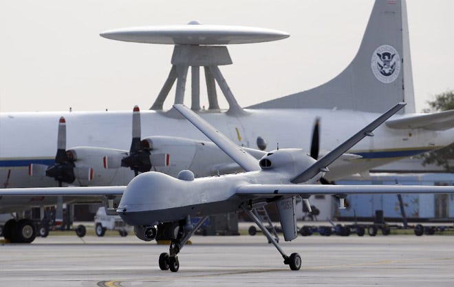 A Predator B unmanned aircraft taxis at the Naval Air Station in Corpus Christi, Texas.