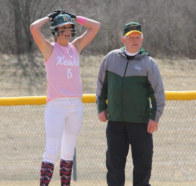 Keuka College's Tally McDonald, left, stands next to assistant coach Jim Burke, who will enter the Section V Baseball Hall of Fame on Sunday. Provided.