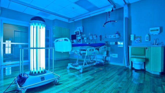 Futuristic germ control: Shands hospital in Gainesville, H. Lee Moffitt Cancer Center in Tampa and the National Institutes of Health Clinical Center in Bethesda, Md., are all beginning to use ultraviolet light to disinfect rooms between patients. This 5-foot-tall robot emits ultraviolet light that can kill persistent germs like CRE, MRSA and C. difficile. Several companies make the devices. This is one used by the NIH, called the TRU-D SmartUVC by Lumalier in Memphis.