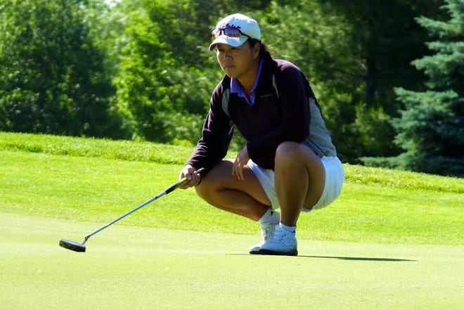 Belvidere’s Hui Chong Dofflemyer lines up a putt today at the State Amateur in Bloomington. provided by Pamela Keeling