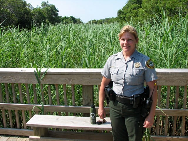 Park Ranger Katharine Womble poses along the Basin Trail at Fort Fisher State Recreation Area. The plants behind her are fragmates, an invasive species that grows in fresh or brackish water.