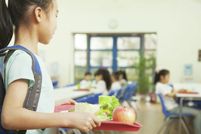 Girl holding food tray in school cafeteria