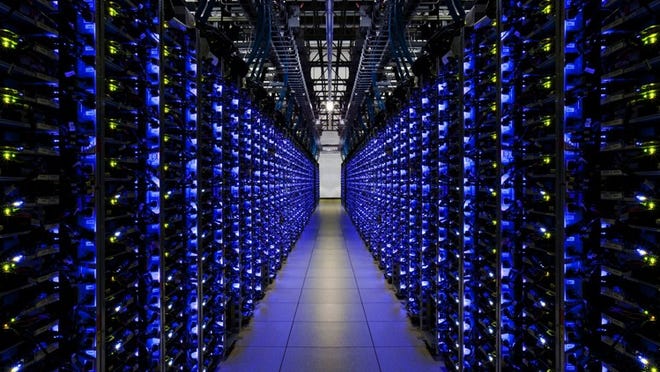 Server racks at Google’s data center near Atlanta, in an undated handout photo. Demand for the racks is growing, but only a few handlers in the United States specialize in transporting high-value computer equipment and the associated supply chain security and coordination.