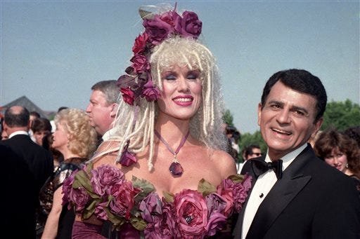 FILE - In this Sept. 20, 1987 file photo, Casey Kasem, along with his wife Jean Kasem arrives at the Emmy Awards in Los Angeles. Kasem, the smooth-voiced radio broadcaster who became the king of the top 40 countdown, died Sunday, June 15, 2014, according to Danny Deraney, publicist for Kasem's daughter, Kerri. He was 82. (AP Photo/File)