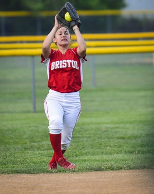 Bristol's Olivia D'Emidio catches a fly ball for the out in the first inning of their game against Christopher Dock, May 12, 2014. (PHOTO Bryan Woolston / @woolstonphoto)