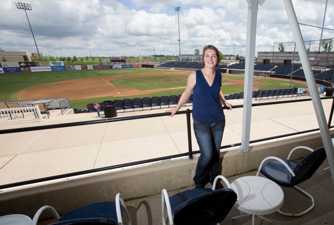 Michelle Williams (photographed Monday, June 2, 2014, in the Diamond Deck at Aviators Stadium in Loves Park) graduated from Rockford University in December and has been working as director of group sales and community relations for Rockford’s pro baseball team since March.