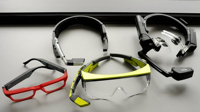 Various wearable technology headsets and glasses are seen at Kopin Corp. in Westboro.