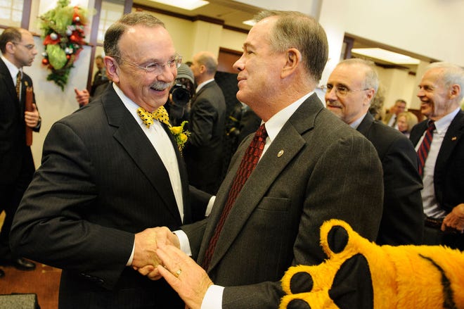R. Bowen Loftin, left, talks with former University of Missouri Chancellor Brady Deaton after Loftin was introduced as MU chancellor during a ceremony at Reynolds Alumni Center on Dec. 5.