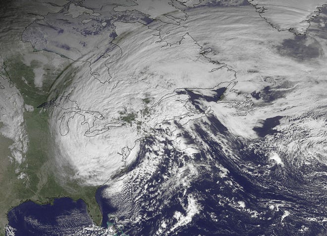 This satellite image from Oct. 30, 2012, shows superstorm Sandy moving the eastern U.S. state while weakening across southern Pennsylvania.