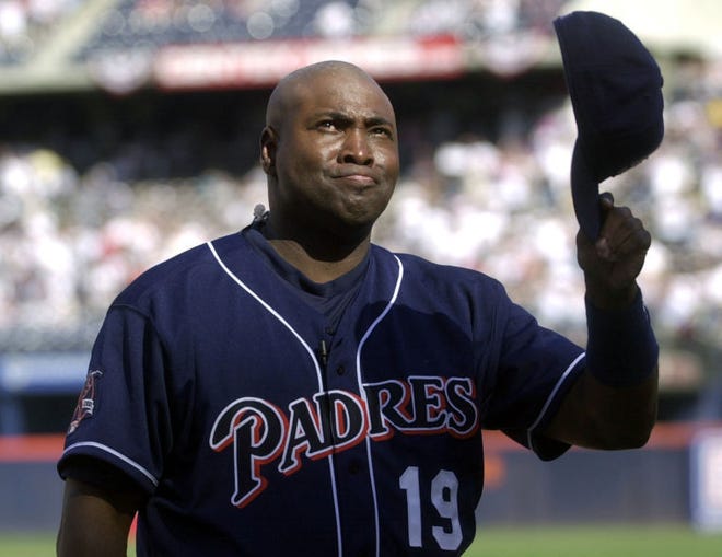 FILE - In this Oct. 7, 2001 file photo, San Diego Padres' Tony Gwynn fights back tears as he acknowledges the standing ovation prior to the Padres' game against the Colorado Rockies, the final game of his career, in San Diego. The Baseball Hall of Fame said Gwynn died of cancer on Monday, June 16, 2014. He was 54.