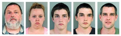 This panel of booking photographs released by the Salem, N.H., Police Department show from left, Allen, Ashley, Brian, Damian and Joshua Perry, arrested on a variety of charges Monday, June 16, 2014, for assaulting police officers during a melee that erupted when security guards at Canobie Lake amusement park told them to leave their knives in the car. (AP Photo/Salem Police Department)