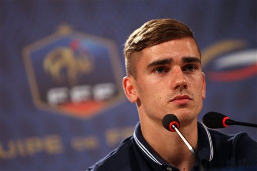 France's Antoine Griezmann attends a press conference in the Teatro Pedro II in Ribeirao Preto, Brazil, Monday, June 16, 2014. France will play in group E of the Brazil 2104 soccer World Cup.