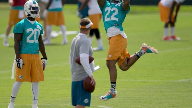 Miami Dolphins cornerback Jamar Taylor (22) makes a catch during a drill at Dolphins training camp in Davie, Florida on May 27, 2014. (Allen Eyestone / The Palm Beach Post)