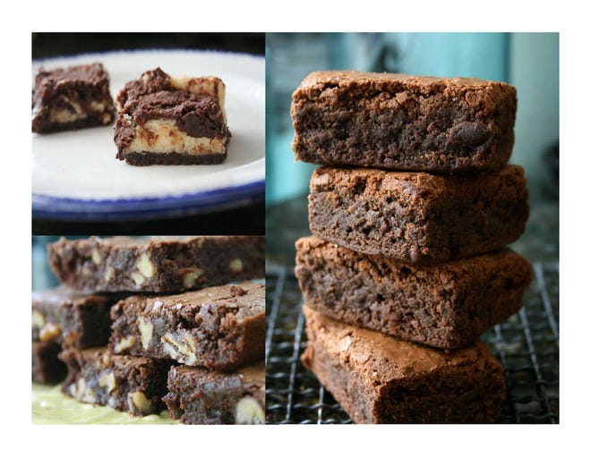 Brownie bliss includes, clockwise from upper left, Renée Behnke's "Black and White Cocoa Bars" (from "Memorable Recipes to Share with Family and Friends"), Matt Lewis' "Deep Dark Brownies" (courtesy of cookbook authors Matt Lewis and Renato Poliafito of Brooklyn's Baked Bakery) and Bev Shaffer's "Colossal Brownies" (from "Brownies to die for! The Complete Guide for Brownie Lovers").-