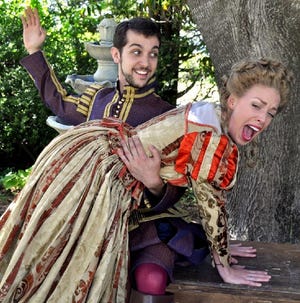Stephen Mir, left, and Caitlin Maloney star in Monomoy Theatre's season-opening musical "Kiss Me, Kate," about a tempestuous romance among the leading players in a theater company performing Shakespeare's "The Taming of the Shrew."