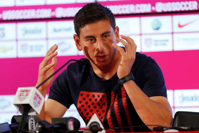United States' Alejandro Bedoya talks during a press conference following a training session in Sao Paulo, Brazil, Tuesday, June 17, 2014. The United States will play against Portugal in group G of the 2014 soccer World Cup on June 22. (AP Photo/Julio Cortez)