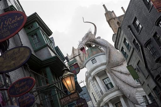 This June 2014 photo released by Universal Orlando Resort shows "The Wizarding World of Harry Potter - Diagon Alley," from the Harry Potter-themed area of Universal Orlando Resort in Orlando, Fla. The attraction, featuring shops, dining experiences and the next generation thrill ride, will officially open on July 8. (AP Photo/Universal Orlando Resort, Sheri Lowen)