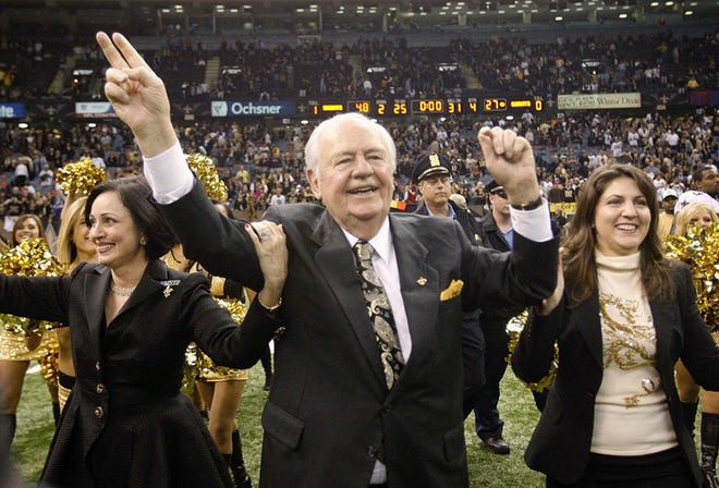 New Orleans Saints and Pelicans' owner Tom Benson celebrates a victory in the Louisiana Superdome. Benson will be inducted into the Louisiana Sports Hall of Fame this weekend in Natchitoches.  
COURTESY PHOTO/New Orleans Saints