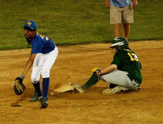 Waynesboro Construction's Alex Miller slides into second base ahead of the tag by American Legion's Ethan Lowman, Wednesday during Game 4 of the Waynesboro Youth League championship series at the Clayton South field.