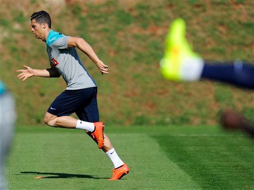 Cristiano Ronaldo practices during a training session of Portugal in Campinas, Brazil, Friday. Portugal plays in group G of the Brazil 2014 soccer World Cup.