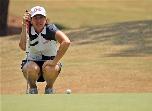 Juli Inkster lines up a putt on the 16th green during Saturday's third round at Pinehurst No. 2.