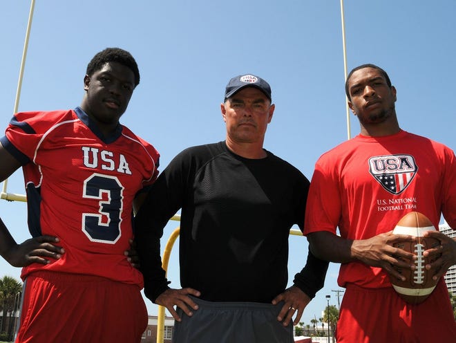 From left, Seabreeze's Raushod Floyd, Marc Beach and Josh Stevens are headed to Kuwait to play a series of games for USA Football.