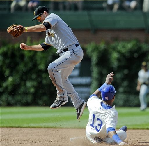 Chicago Cubs shortstop Starlin Castro (13) is tagged out at second base by Pittsburgh Pirates shortstop Jordy Mercer during the ninth inning of a baseball game, Sunday, June 22, 2014, in Chicago.