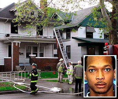 Firefighters work the scene of a fatal fire that killed four people on April 21, 2010 at 1212 N. University St. in Peoria. Inset: Aunterrio Barney