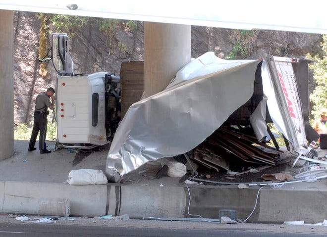Crews responded Tuesday morning to a truck rollover under the Route 32 overpass. The truck was heading east on Route 2 toward Norwich and hit a bridge abutment..